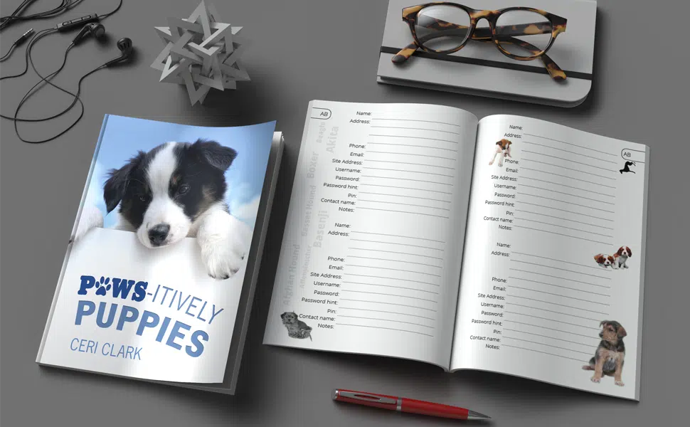 Pawsitively puppies password book cover and interior pages view.