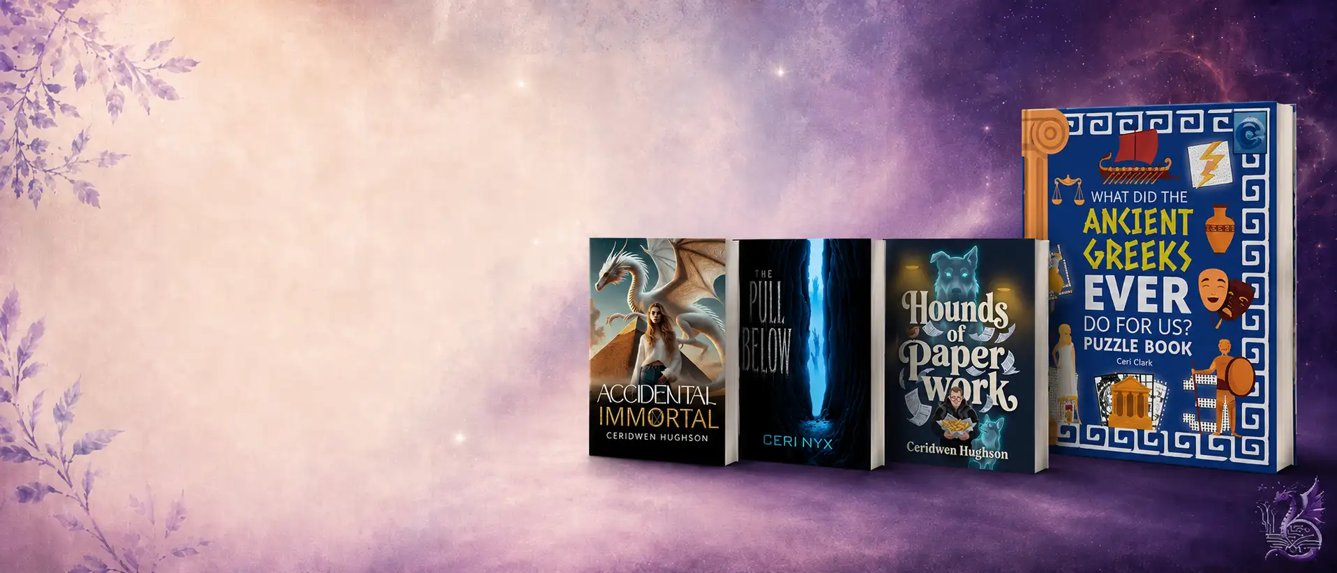 A selection of books by Ceri Clark and her pen names arranged against a soft fantasy background