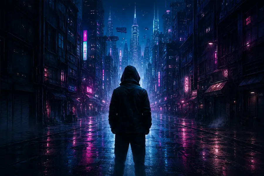 Rainy sci-fi horror street scene for Ceri Nyx books